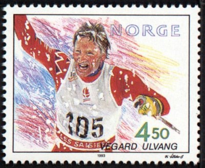 Frimerke av OL-vinner Vegard Ulvang, utgitt av Posten i 1993.