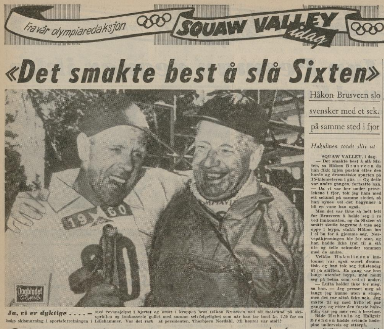 Faksimile Dagbladet 24.2.1960 - oppslag om OL-vinner Håkon Brusveen med overskriften "Det smakte best å slå Sixten"