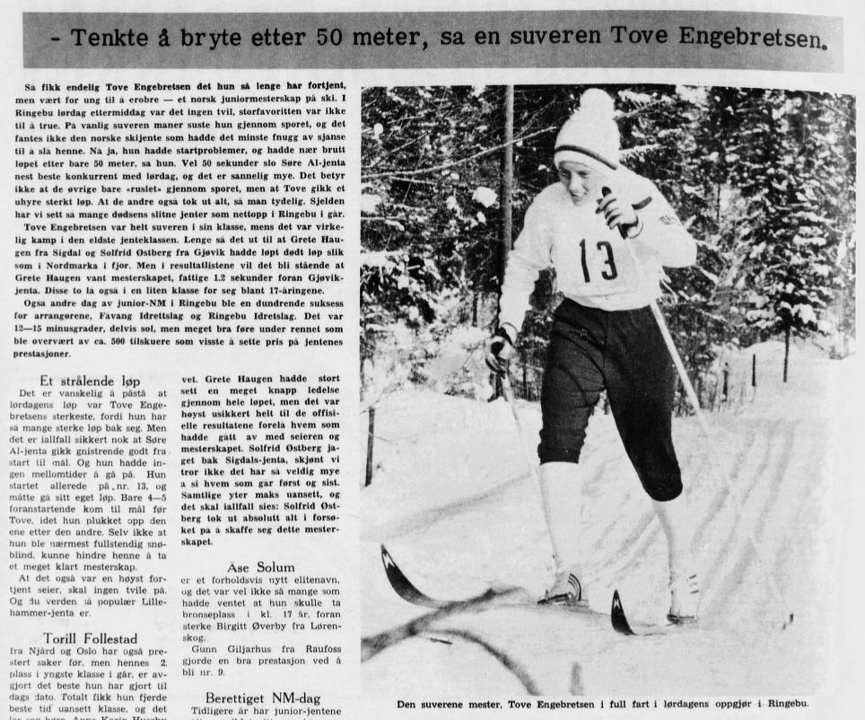 Faksimile Dagningen 9. februar 1970 med bilde av Tove Engebretsen, den suverene juniormester.