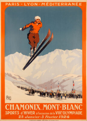 Plakat med skihopper for vintersportsuken i Chamonix i 1924