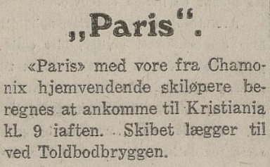Faksimile Norges Handels og Sjøfartstidende 13.2.1924 - Notis om ankomst av Chamonix-farerne